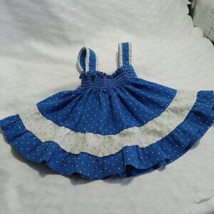 Pretty blue and white polka dot cotton jumper dress, hippy style with straps